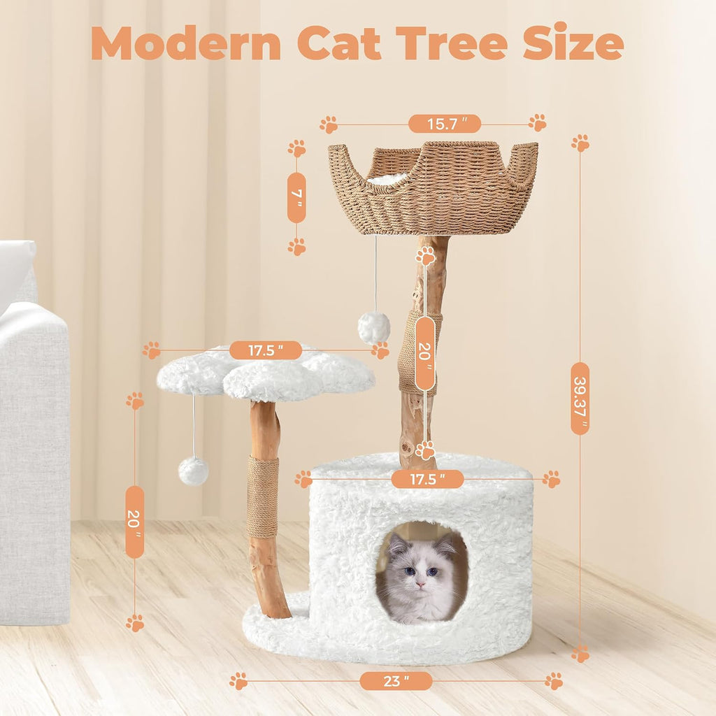 Modern Cat Tree, 39.9" Aesthetic Wood Cat Tree Tower for Large Cats, Luxury Cat Condo with Scratching Posts