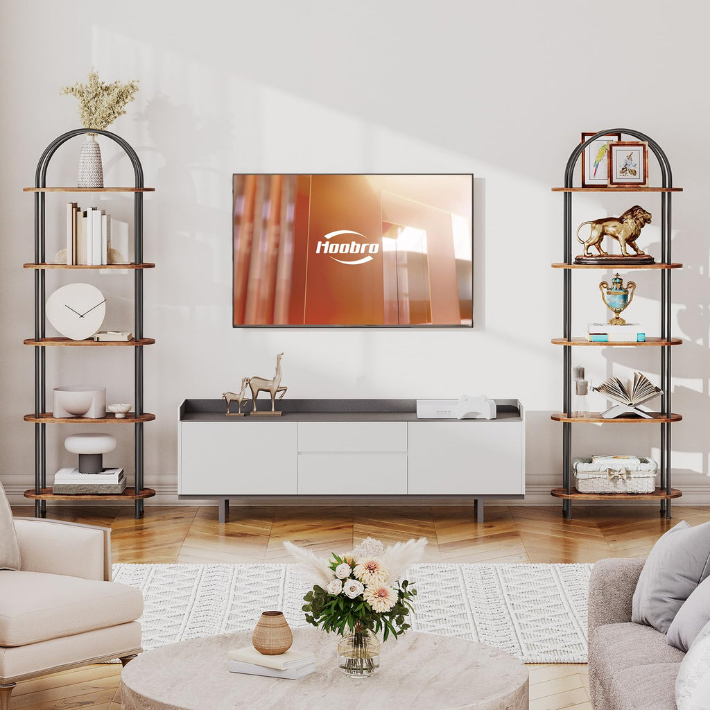 5 Tier Open Bookshelf, Industrial Arched Bookcase Display Shelf Rack, Wooden Bookcase Storage Shelf Metal Frame, Tall