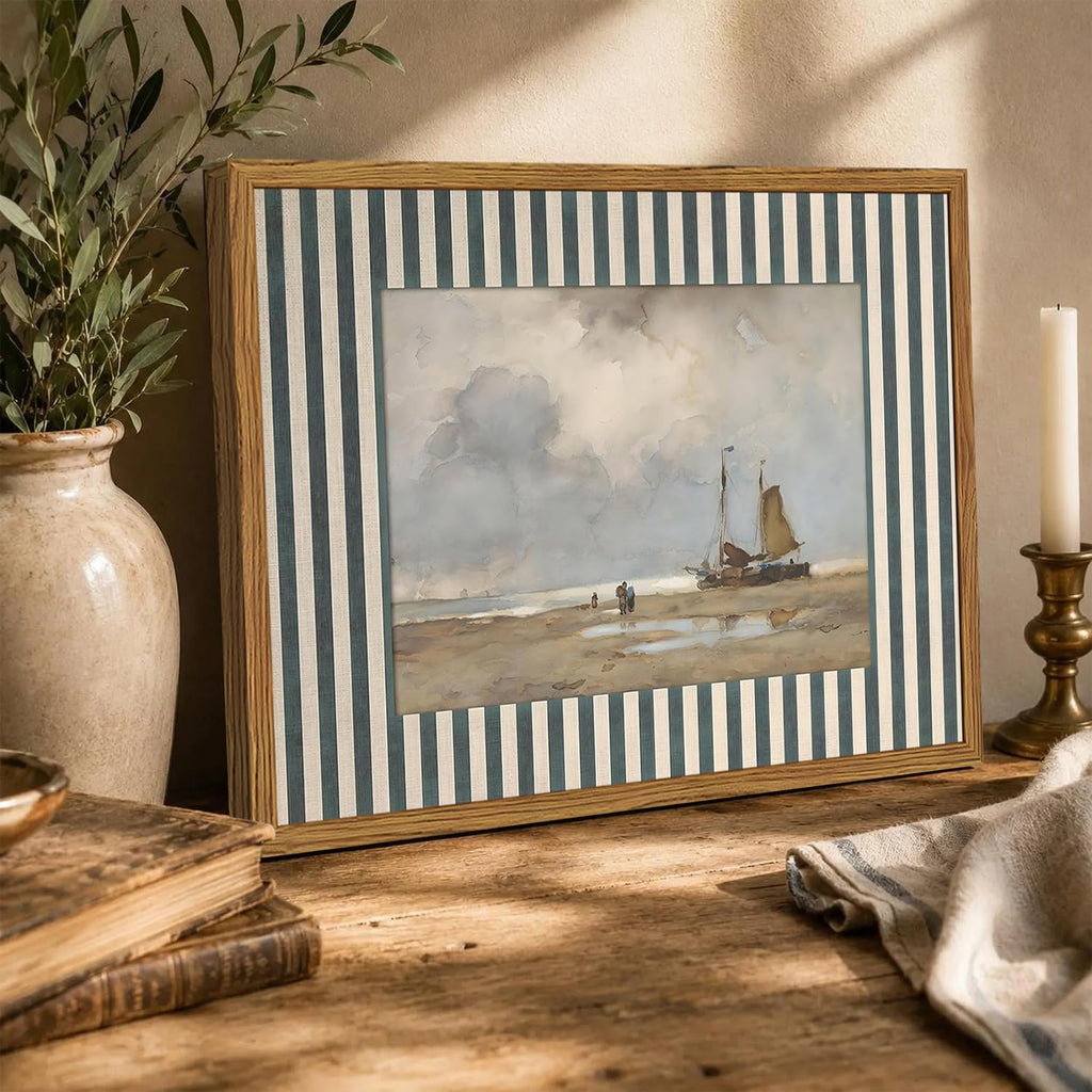 Framed Vintage Coastal Landscape Wall Art Set of 2, Retro Blue and White Striped Beach Sailboat Pictures Wall Decor