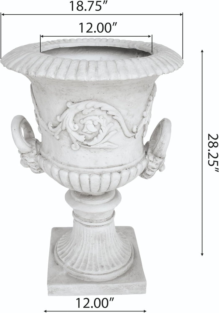 Adonis Traditional Roman Chalice Garden Urn Planter with Lion and Floral Accents, Antique White
