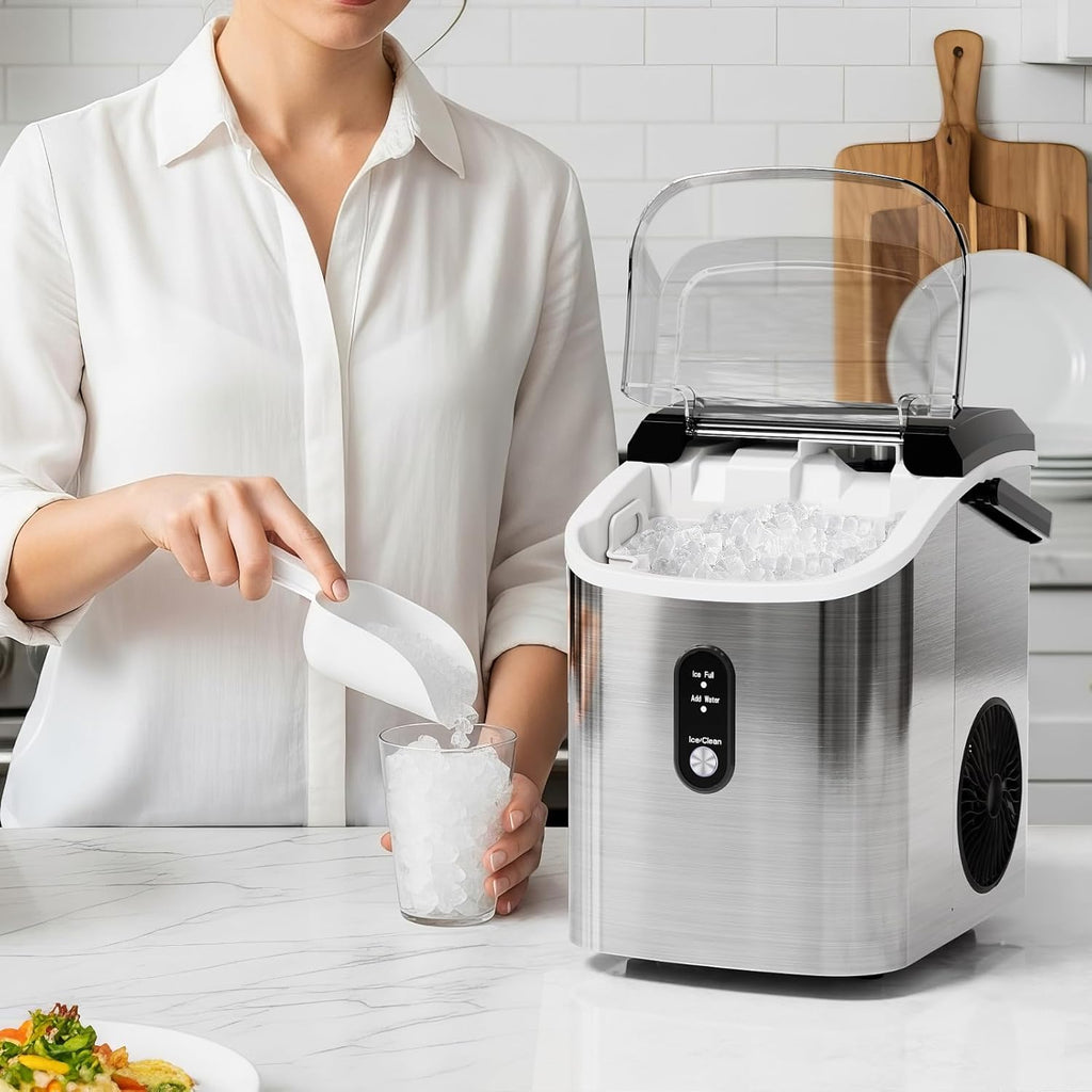 Nugget Ice Makers Countertop with Auto-Cleaning, 35lbs/Day, Portable Sonic Ice Machine with Handle, Basket and Scoop