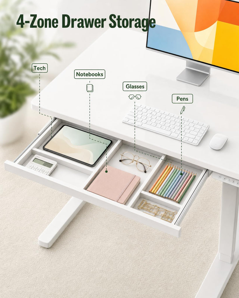 37 Inch Glass Standing Desk with 4-Zone Drawer Storage, Pearl White