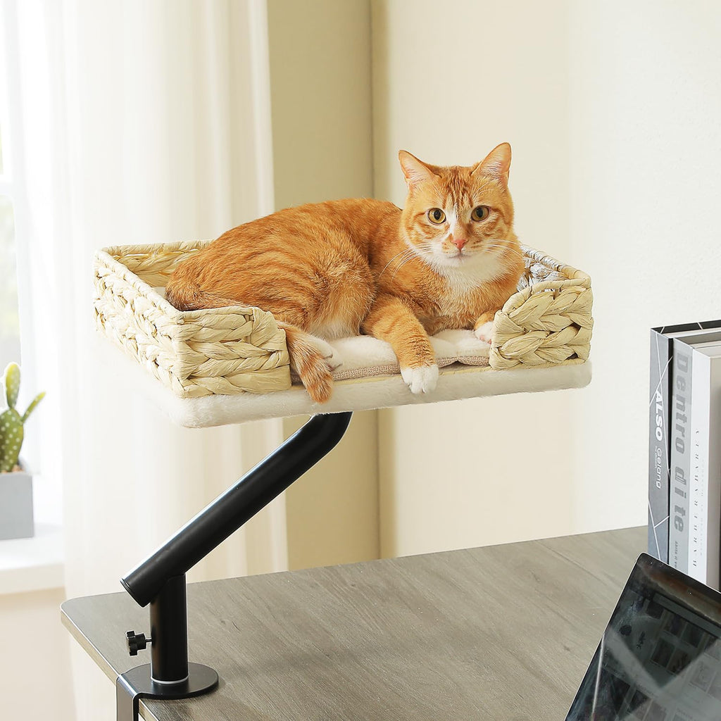 Cat Desk Bed for Indoor Cats, Wicker Cat Bed for Desk Supports Up to 50 lbs, 360° Rotation & Adjustable Soft Plush