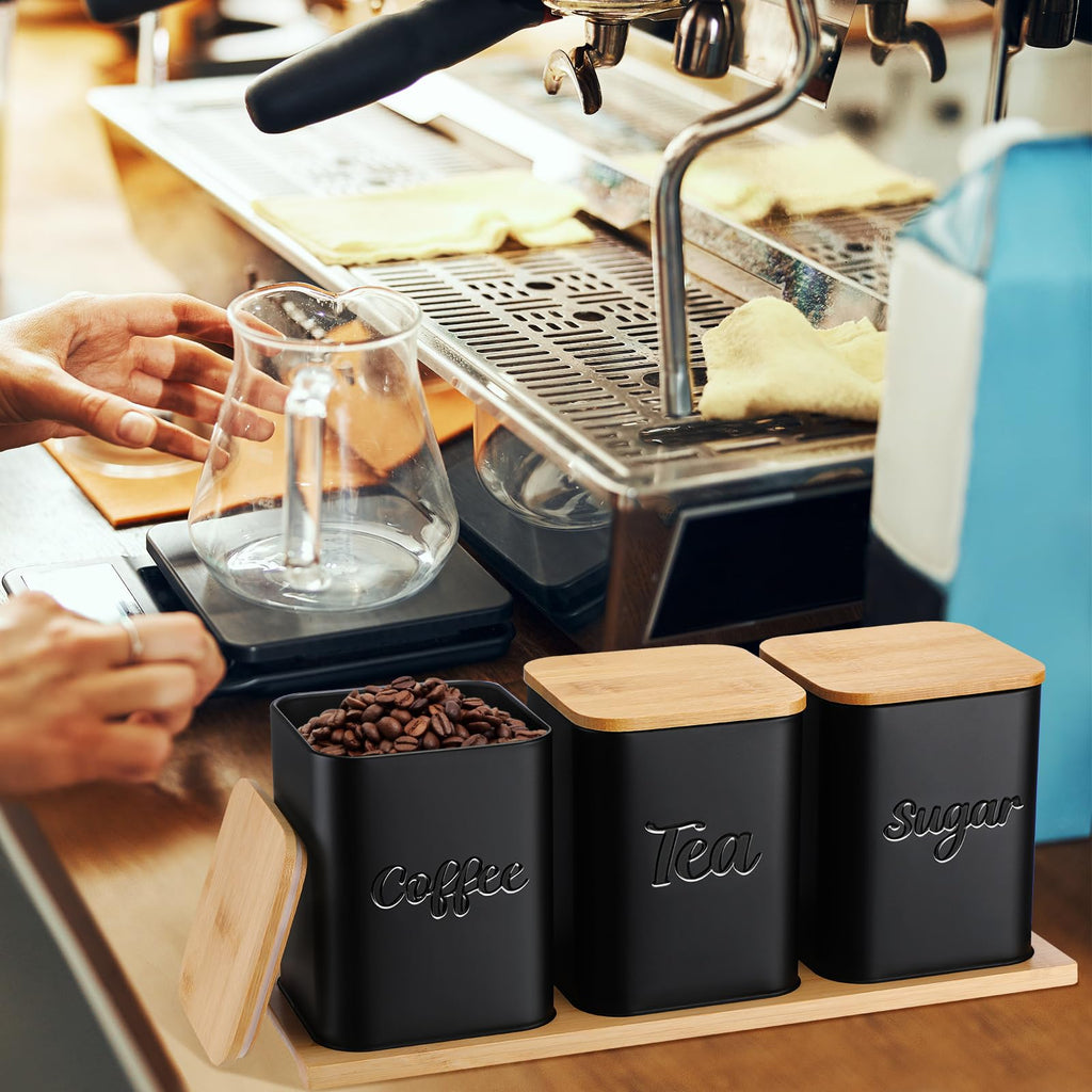 Set of 3 Coffee Tea Sugar Canisters with Bamboo Lid Tray Airtight Metal Food Storage Containers Jars Decorative