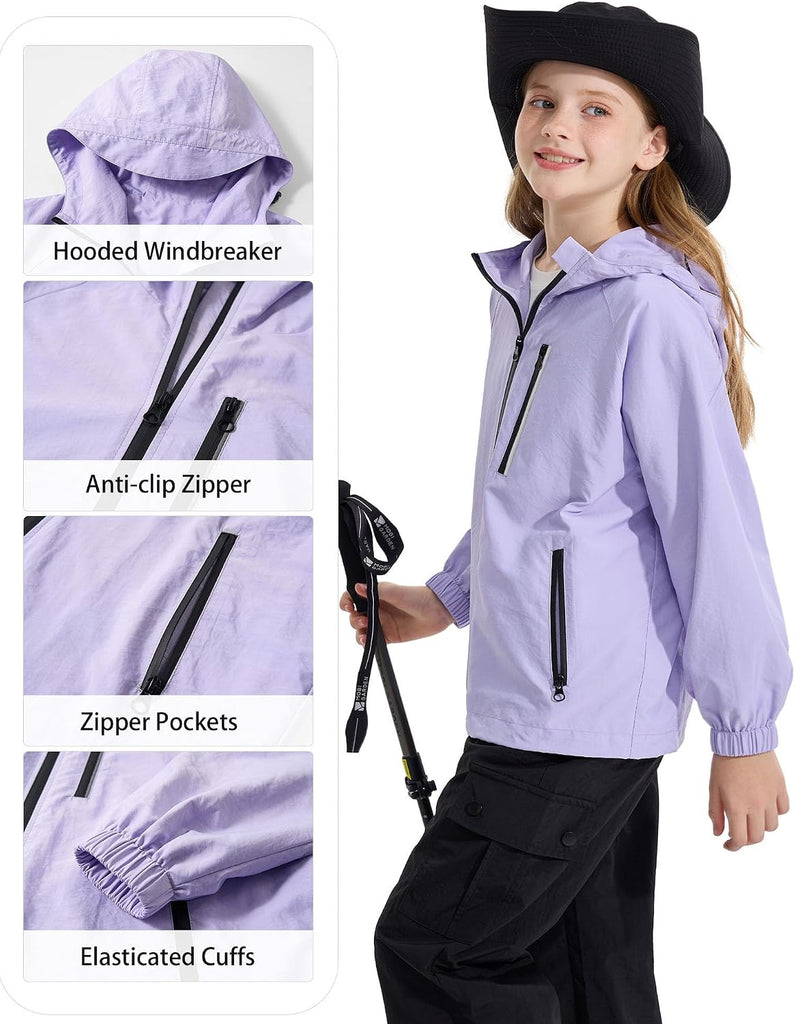 Girls Rain Jacket Lightweight Waterproof Hooded Kids Raincoat