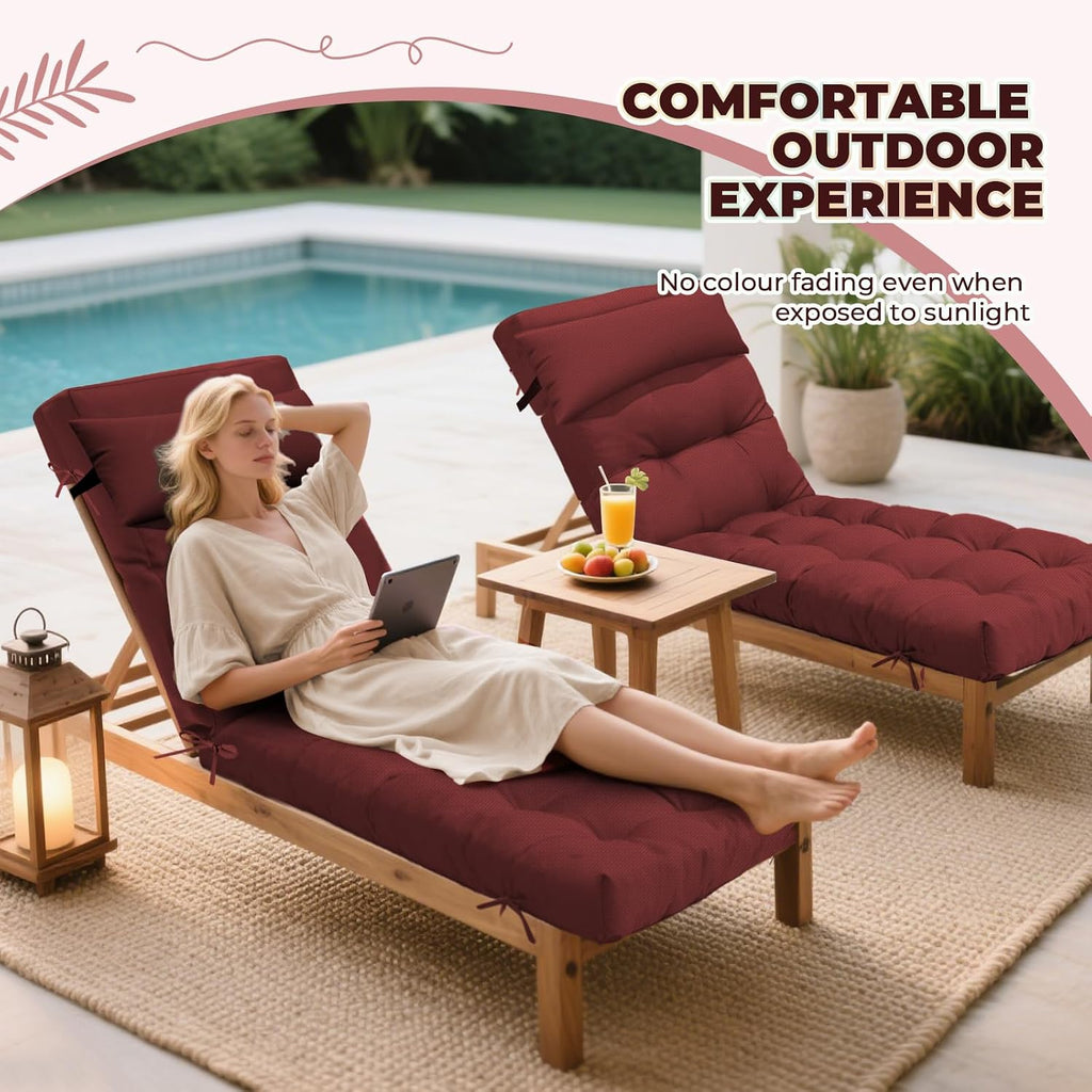 Waterproof Lounge Chair Cushion Set of 2, Outdoor Fade Resistant Chaise Lounger Replacement Chairs Cushions with 6