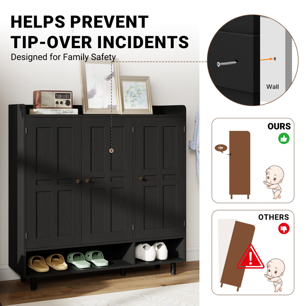 Shoe Cabinet with 3 Doors and Adjustable Shelves, Large Shoe Storage Cabinet for 24-30 Pairs, Modern Farmhouse Shoe