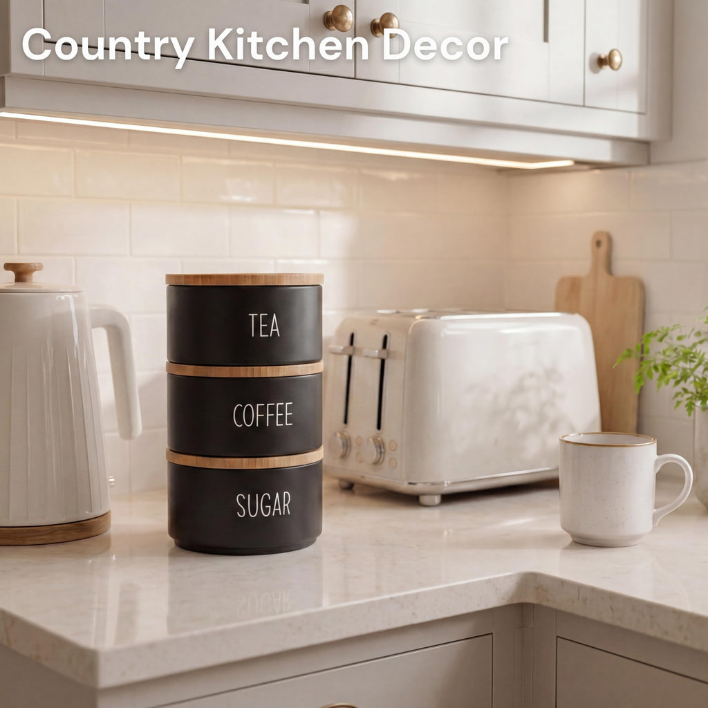 Coffee Tea Sugar Container Set, Stackable Tea Coffee Sugar Canister Set with Bamboo Lids, Airtight Kitchen Canisters