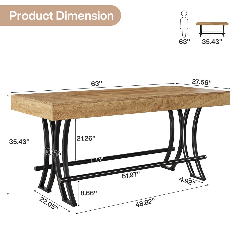 63" Counter Height Bar Table with Metal Footrest, Rectangular Tall Kitchen Dining Pub Table, Industrial Home Bar Unit