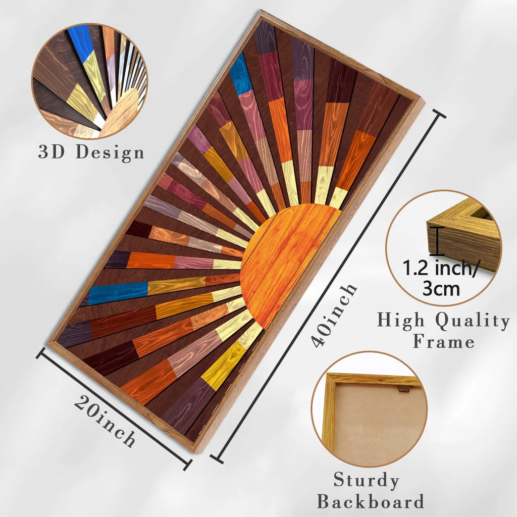 Extra Large Wood Sun Framed Wall Art 20x40 Inch Boho Sunrise 3D Geometric Wall Decor Mid century Sunshine Painting