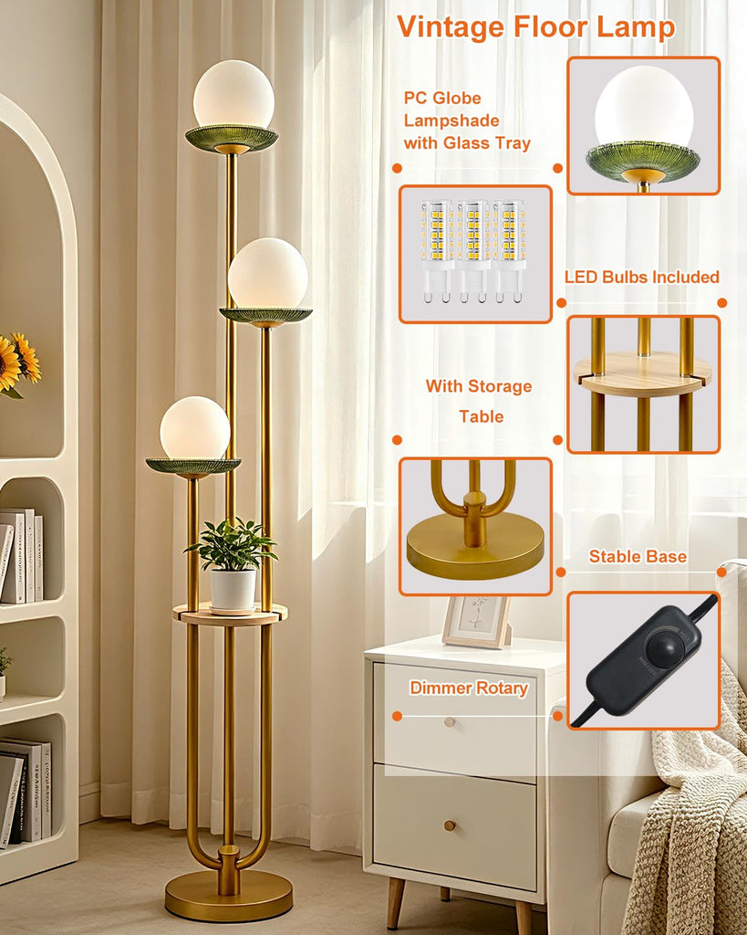 Floor Lamp Dimmable with Green Glass Tray Gold Floor Lamp