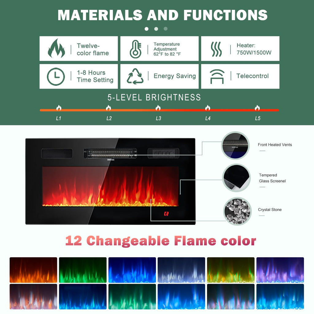 With 36" Electric Fireplace, 2 Tier TV Console Stand for TVs Up to 90"", LED Light Entertainment Center, Fireplace