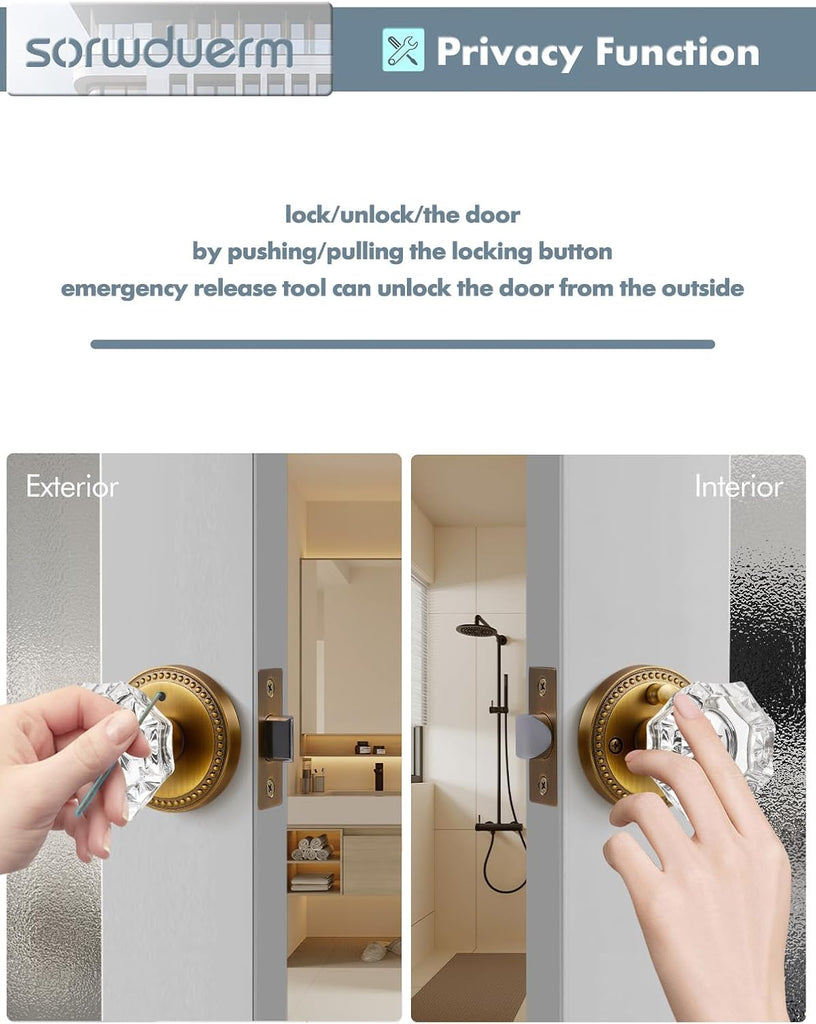 Door Knob Antique Brass Privacy Crystal Glass Interior 1 Pack