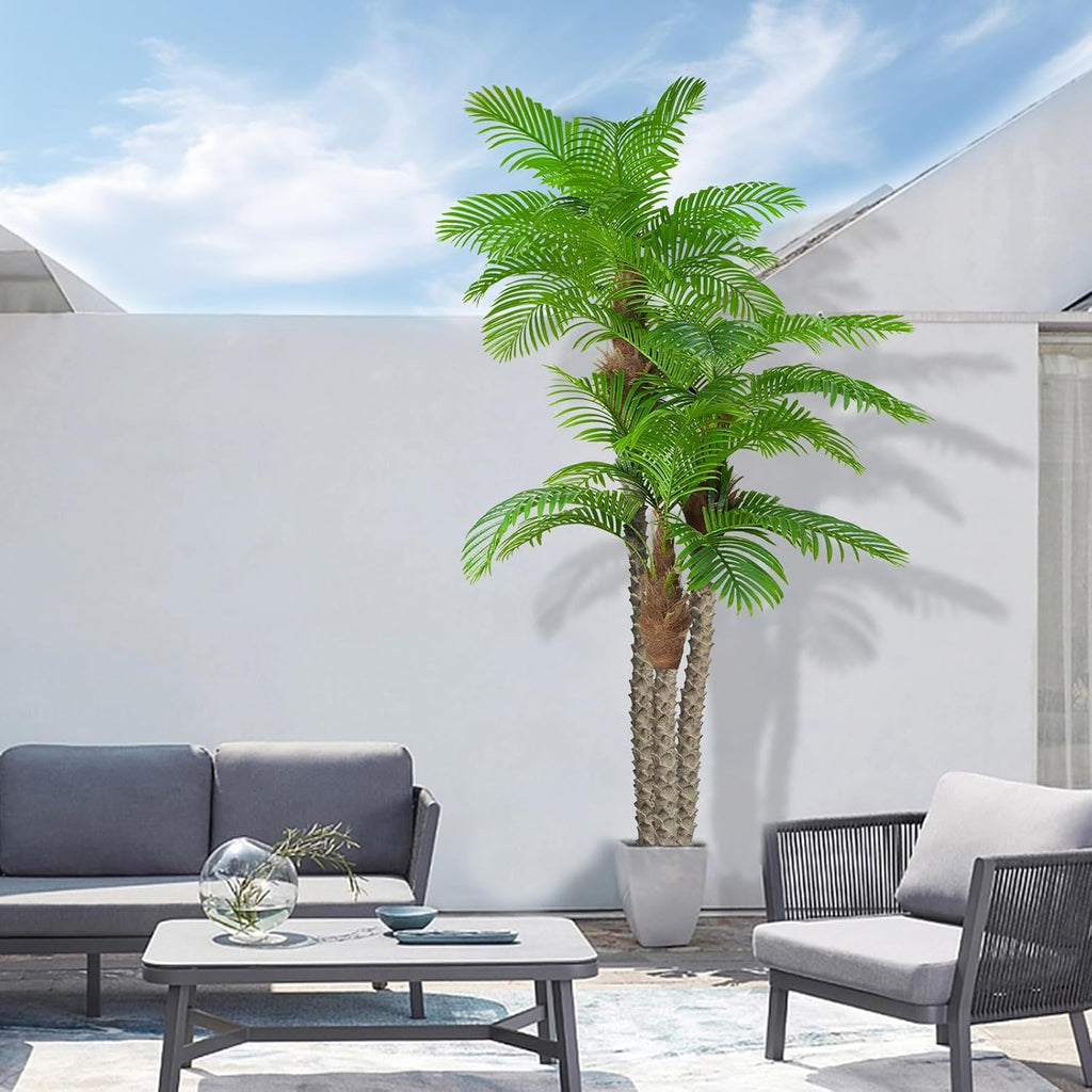 Artificial Palm Trees for Outdoors- 8.5ft Tall Triple Tropical Palm Artificial Tree, UV Resistant Fake Palm Plant