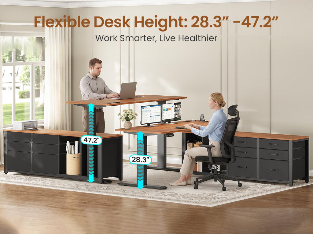 L Shaped Electric Standing Desk, 55" x 55" Height Adjustable Corner Office Desk with 6 Fabric Drawers and Storage