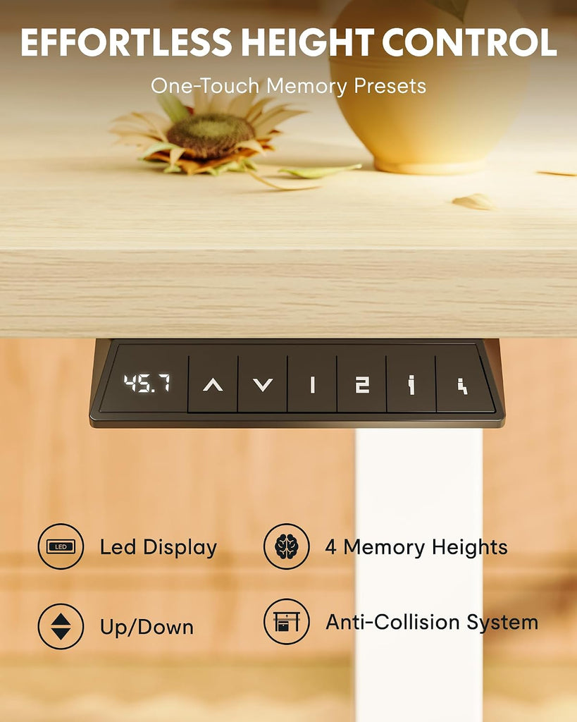 EN1 48"x30" One-Piece Standing Desk, White Wood Grain | 1" Thick Seamless Desktop, 176 LBS Capacity, Home Office Use
