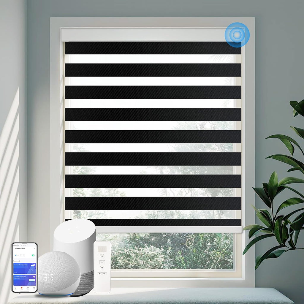 Motorized Zebra Blinds Smart Dual Layer Shades for Windows w - Black