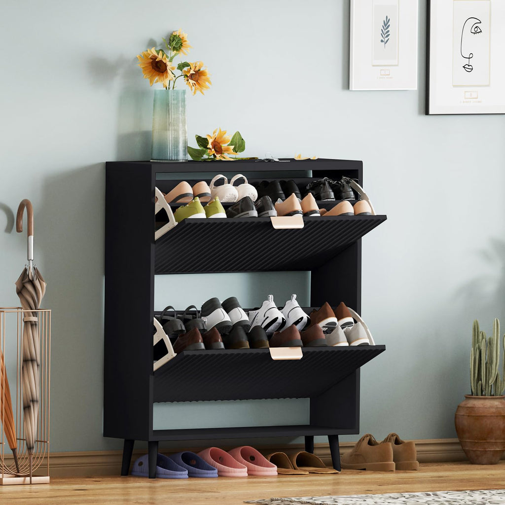 Shoe Cabinet Storage, Modern Freestanding Organizer with 2 Flip Drawers, Narrow Shoe Rack Cabinet, Black