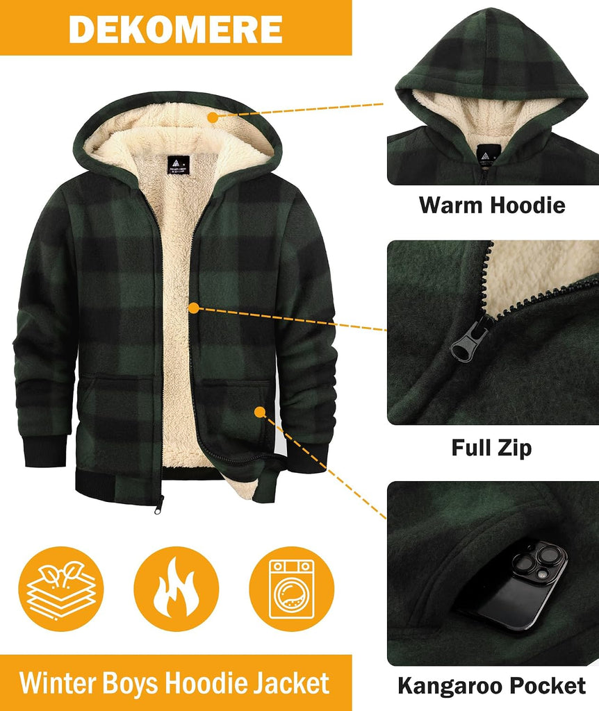 Boys Fleece Jacket with Hood Unisex Child Sherpa Lined Zip Up Warm Coat Hooded Sweatshirt Outerwear