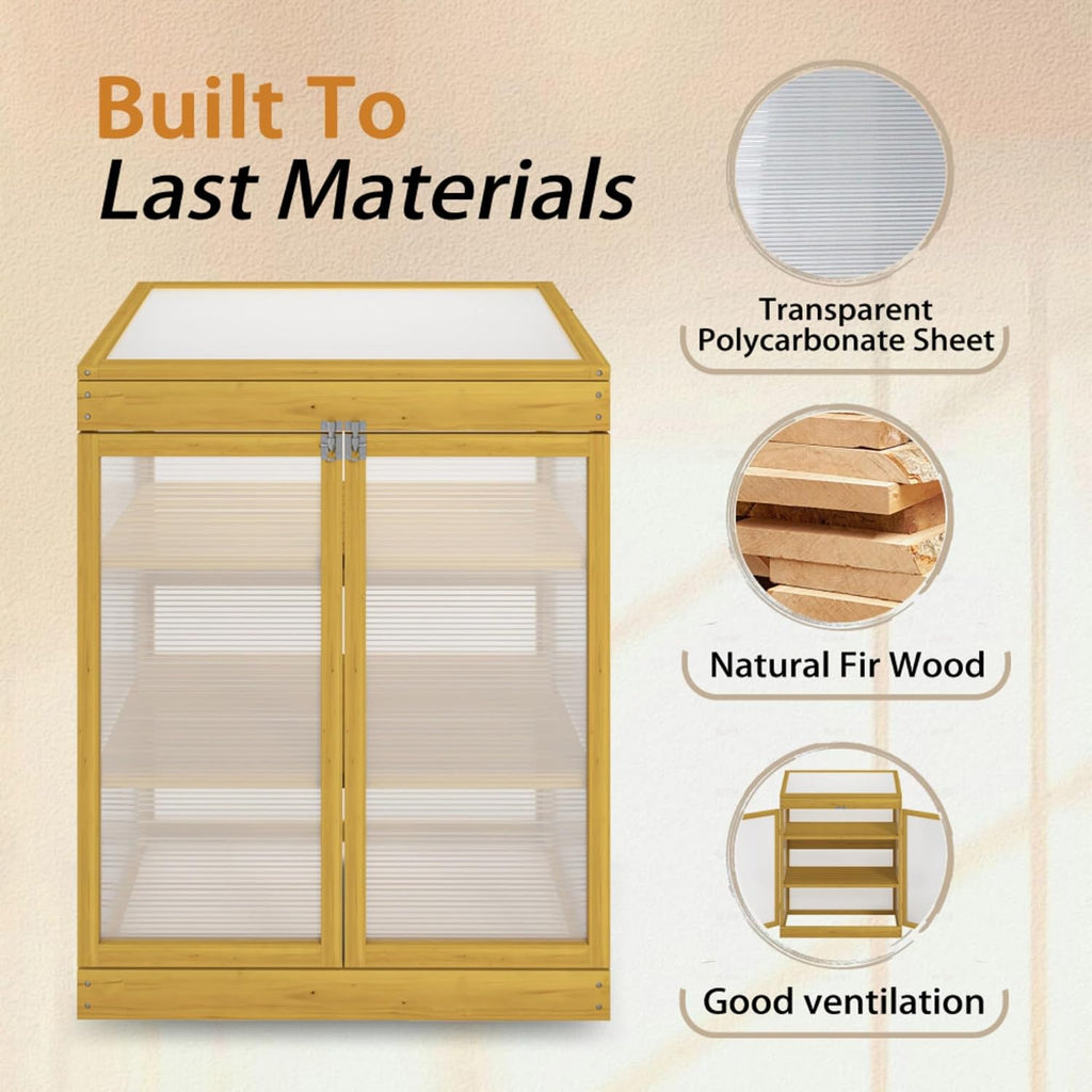Wooden Cold Frame Greenhouse for Outdoor, Mini Polycarbonate Garden Greenhouse Cabinet with Adjustable Shelves