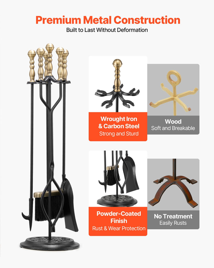 Fireplace Tool Set, 5 PCS Fire Tool Set and Holder with Five-Prong Stand, Tongs, Ash Shovel, Brush, Fire Place Poker