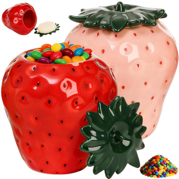 2 Pack Strawberry Storage Jars, 14 OZ Ceramic Cookie Containers with Airtight Lids, Cute Sugar Canisters Set, Candy