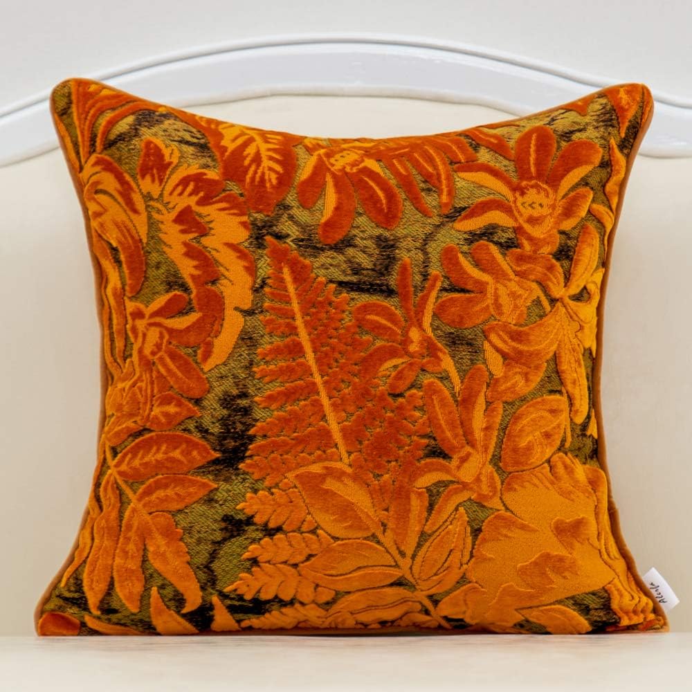 18 x 18 Inch Orange Square Maple Leaf Pillow Embroidery Cut Velvet Cushion Case Luxury Modern Lumbar Throw Pillow