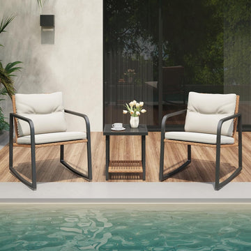 3-Piece Rocking Bistro Set, Small Wicker Patio Furniture Set | Outdoor Patio Rocking Chairs Set, 2-Tier Coffee Table
