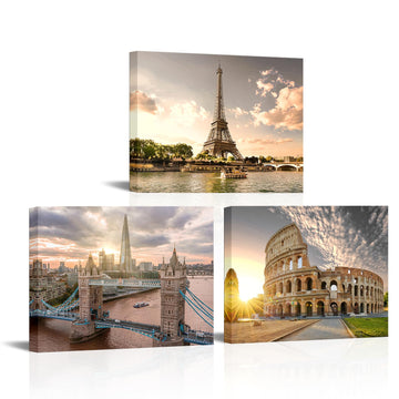 European Cityscape Wall - Paris Eiffel Tower, London, Rome Canvas Prints - Framed Landscape Paintings Decor - Ready