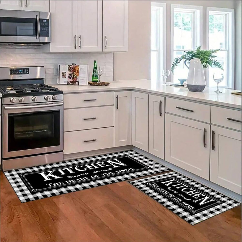 Black and White Buffalo Plaid Kitchen Rug Set of 2, Farmhouse Style Kitchen Floor Mats, Absorbent Checkered Kitchen