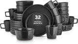 Celina Stoneware 32 Piece Modern Dinnerware Set, Plates and Bowls, Black Matte, Service for 8