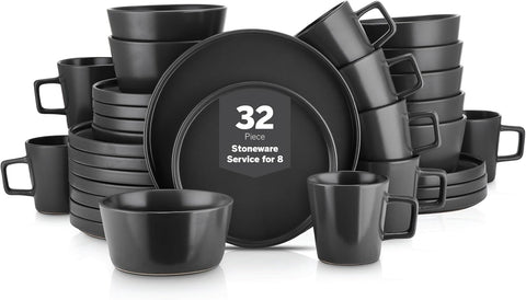 Celina Stoneware 32 Piece Modern Dinnerware Set, Plates and Bowls, Black Matte, Service for 8