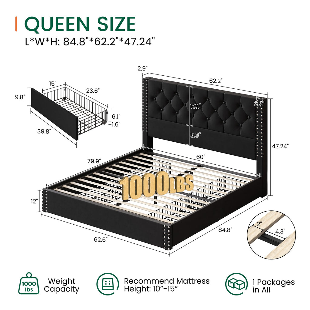 Queen Size Platform Bed Frame with 4 Storage Drawers and Tufted Headboard Upholstered Bed Frame with Heavy Duty Wood