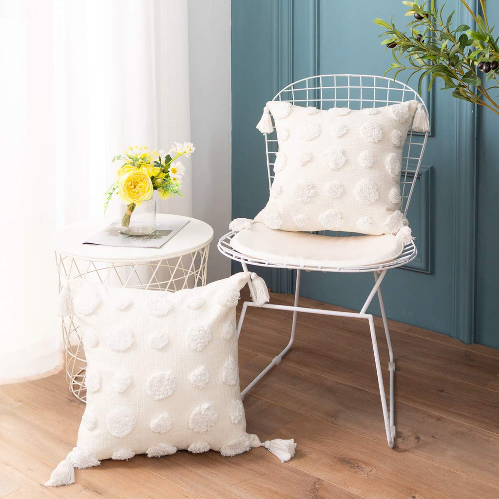 White 18x18 Boho Throw Pillow Cover Tufted Chenille 1PC No Insert