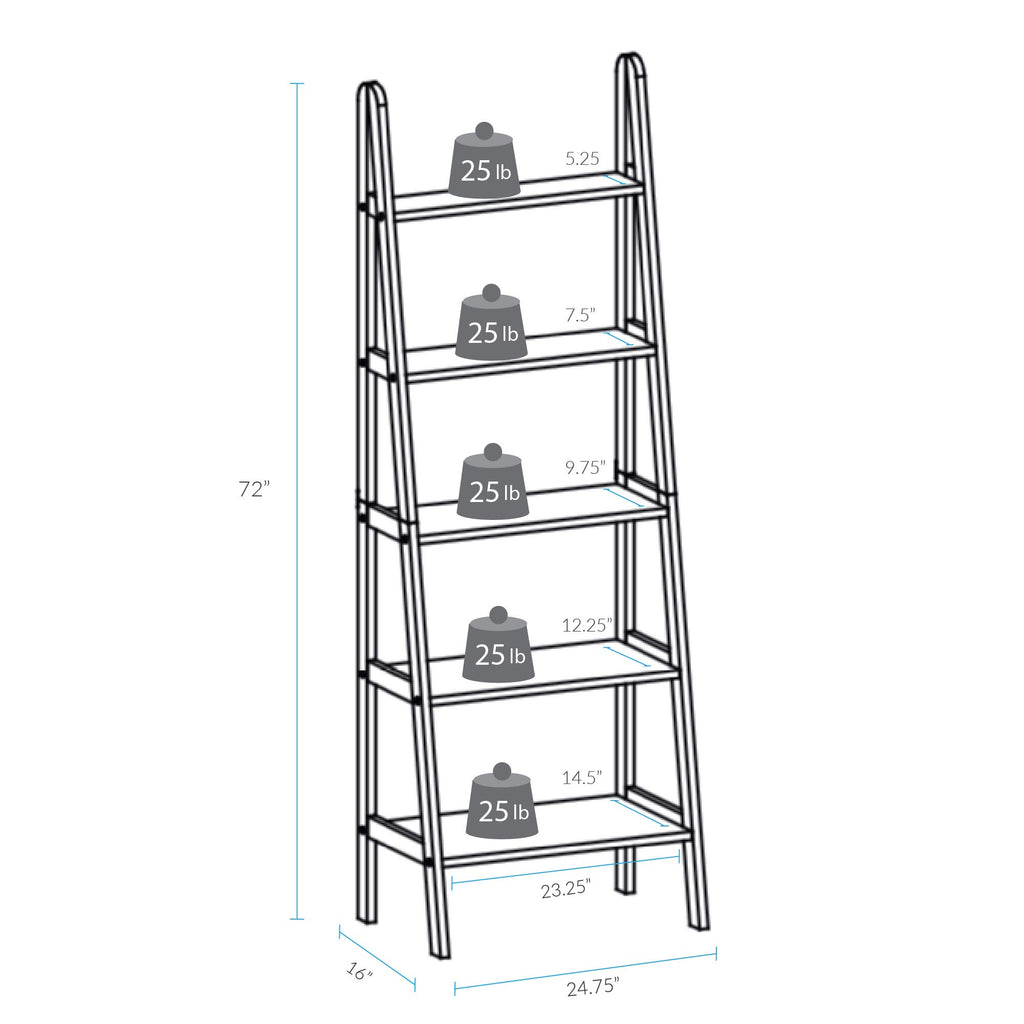 100% Solid Wood 5-Shelf Ladder Bookcase, Standard, 72"H, Warm Brown