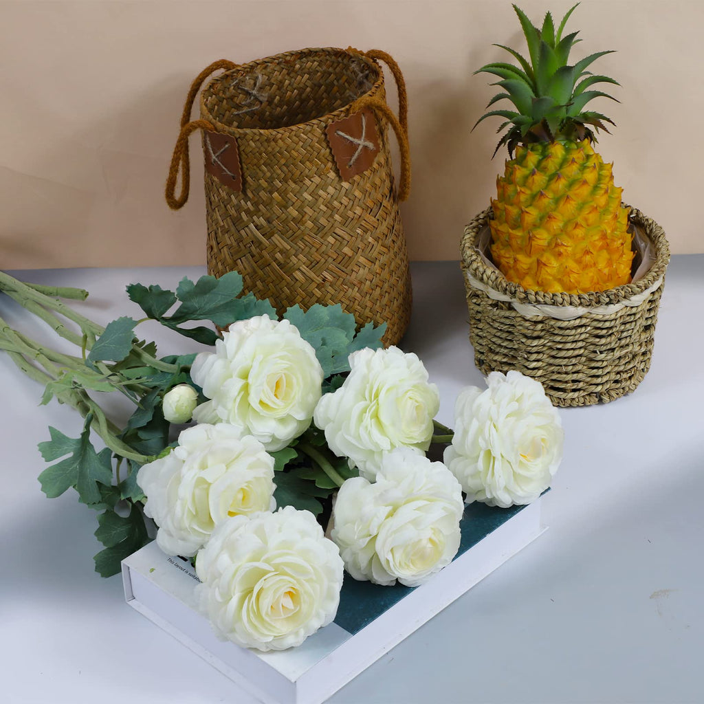 Artificial Ranunculus Long Stem Buttercup Silk Flowers 6pcs Decor and Wedding Decorations(White 1)