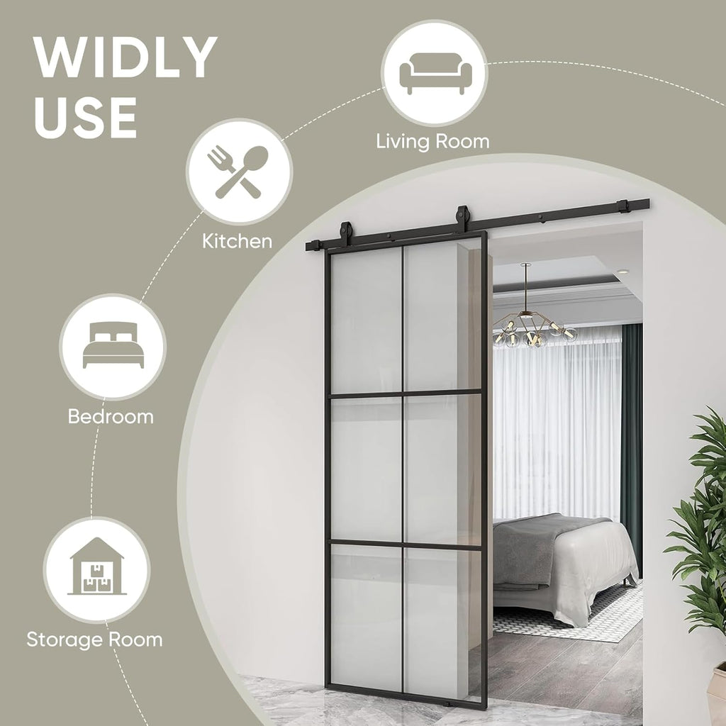 38in x 96in Glass Sliding Barn Door with 6.6ft Hardware kit, 3-Panel Black Aluminum Frame and Clear 