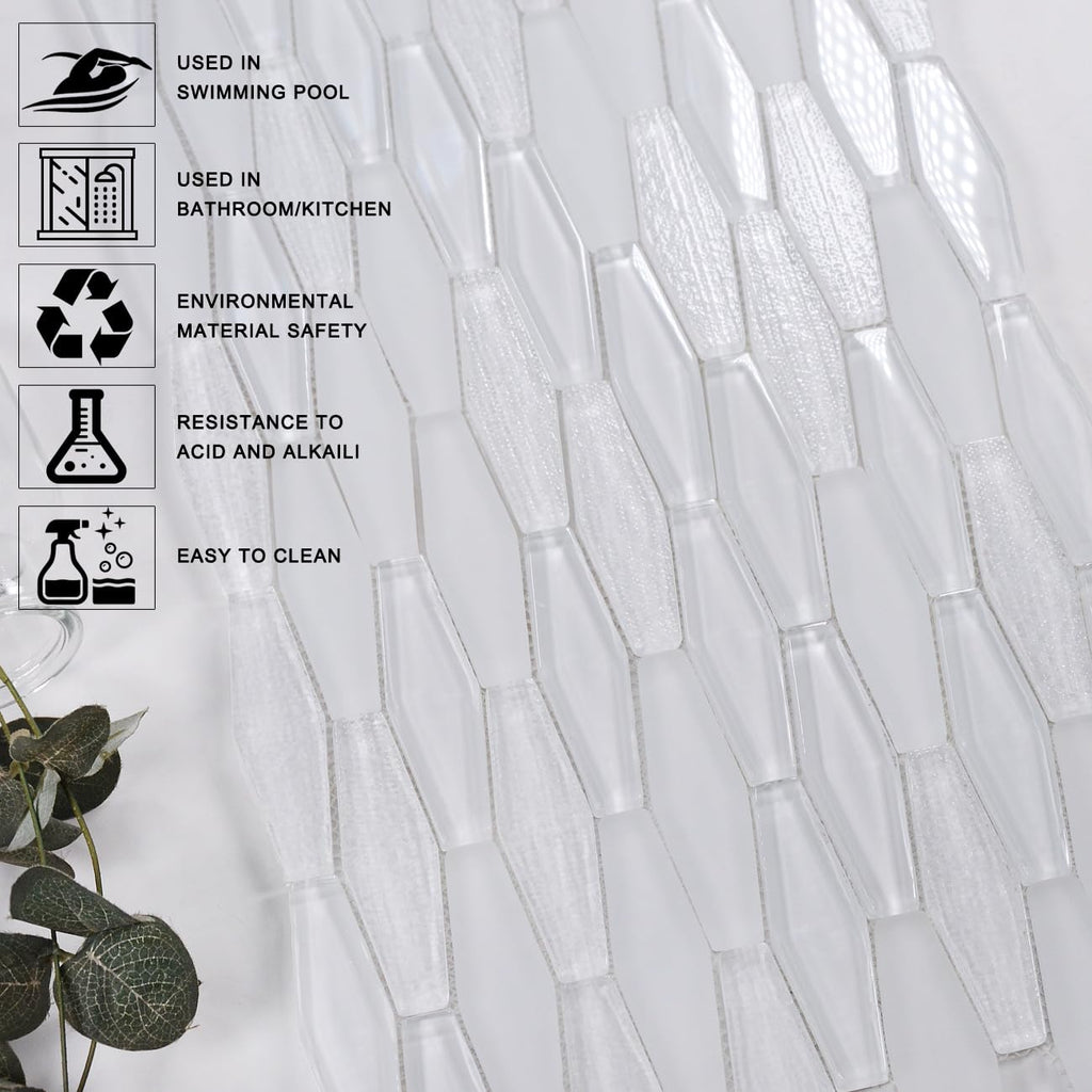 8mm Thick Picket Glass Mosaic Tile Backsplash & Bathroom Feature Wall, Elongated Hexagon Geometric Pattern, Textured