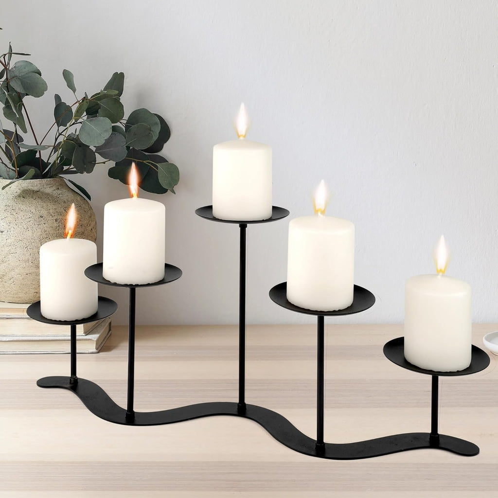 Black Iron Candelabra Candle Holder: Metal Centerpiece Decor - 5 Arm Candle Holder Stand for Pillar Candles