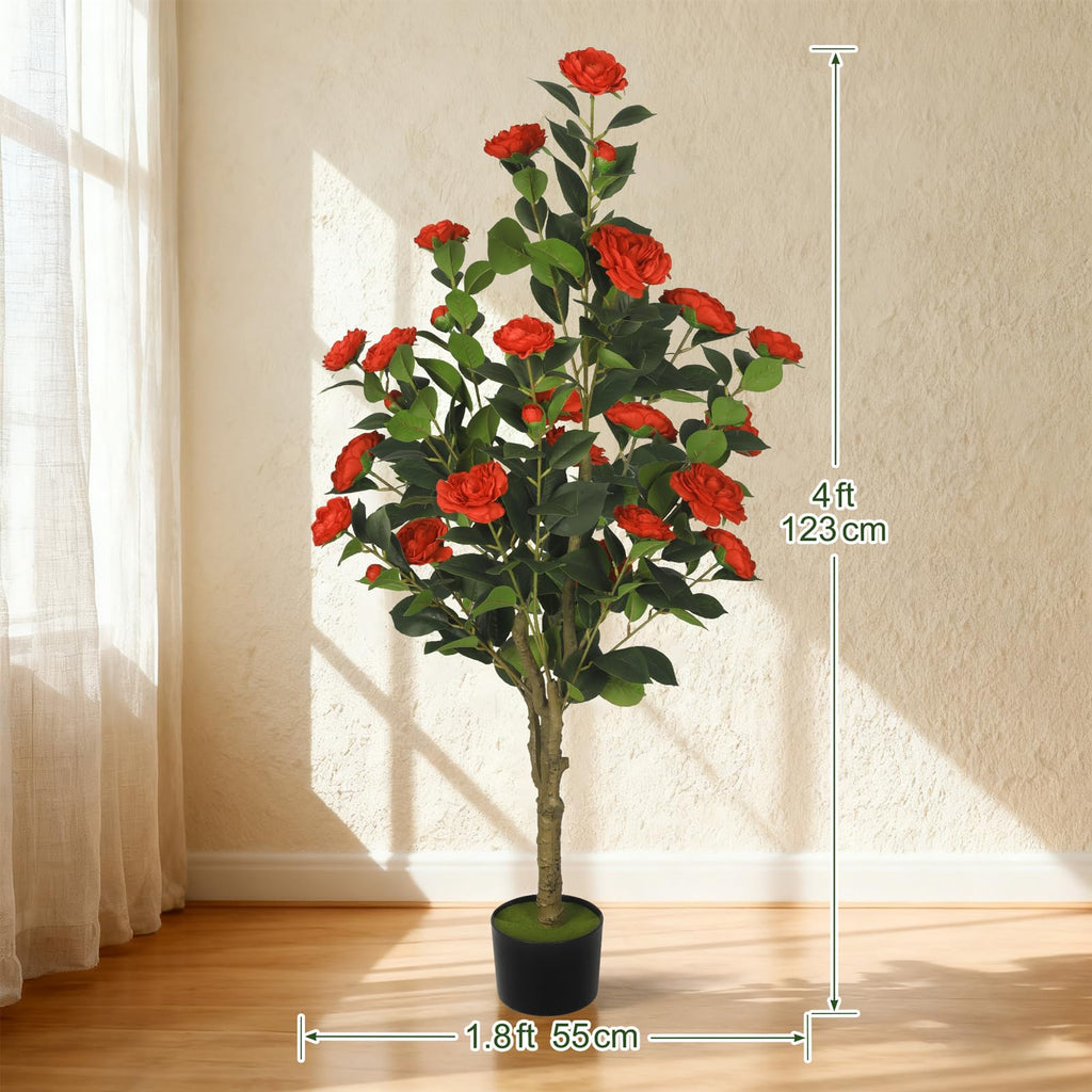 2-Pack 4FT Artificial Camellia Tree, Realistic Fake Potted Plants with Flowers&Planters, Indoor/Outdoor Faux Flowering