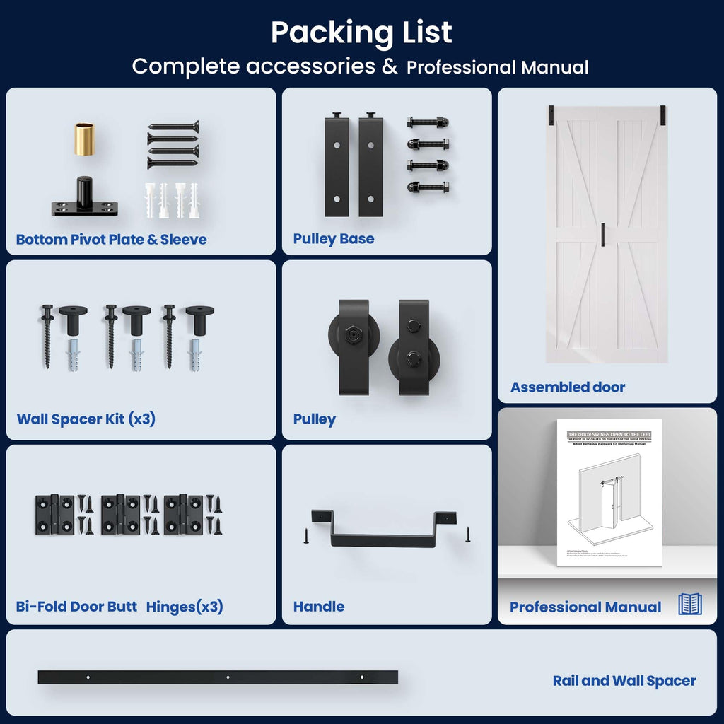 28" x 84" Bifold Sliding Barn Door, K Shaped Panel with Sliding Hardware Kit Set, Finished Closet Door Slab, 2.67FT