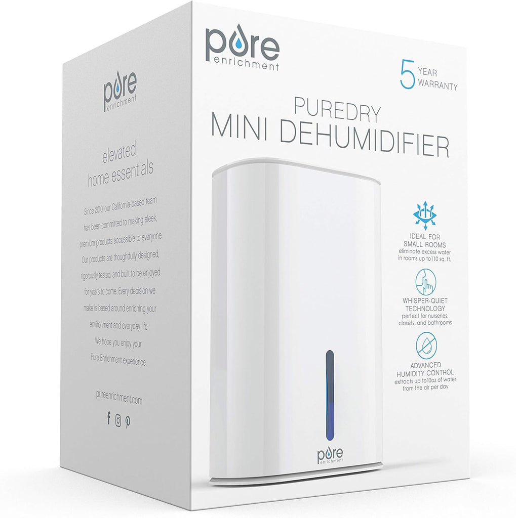 PureDry Mini Dehumidifier - 27oz Compact Water Tank Eliminates 300ml/day of Excess Moisture from Closets, Bathrooms