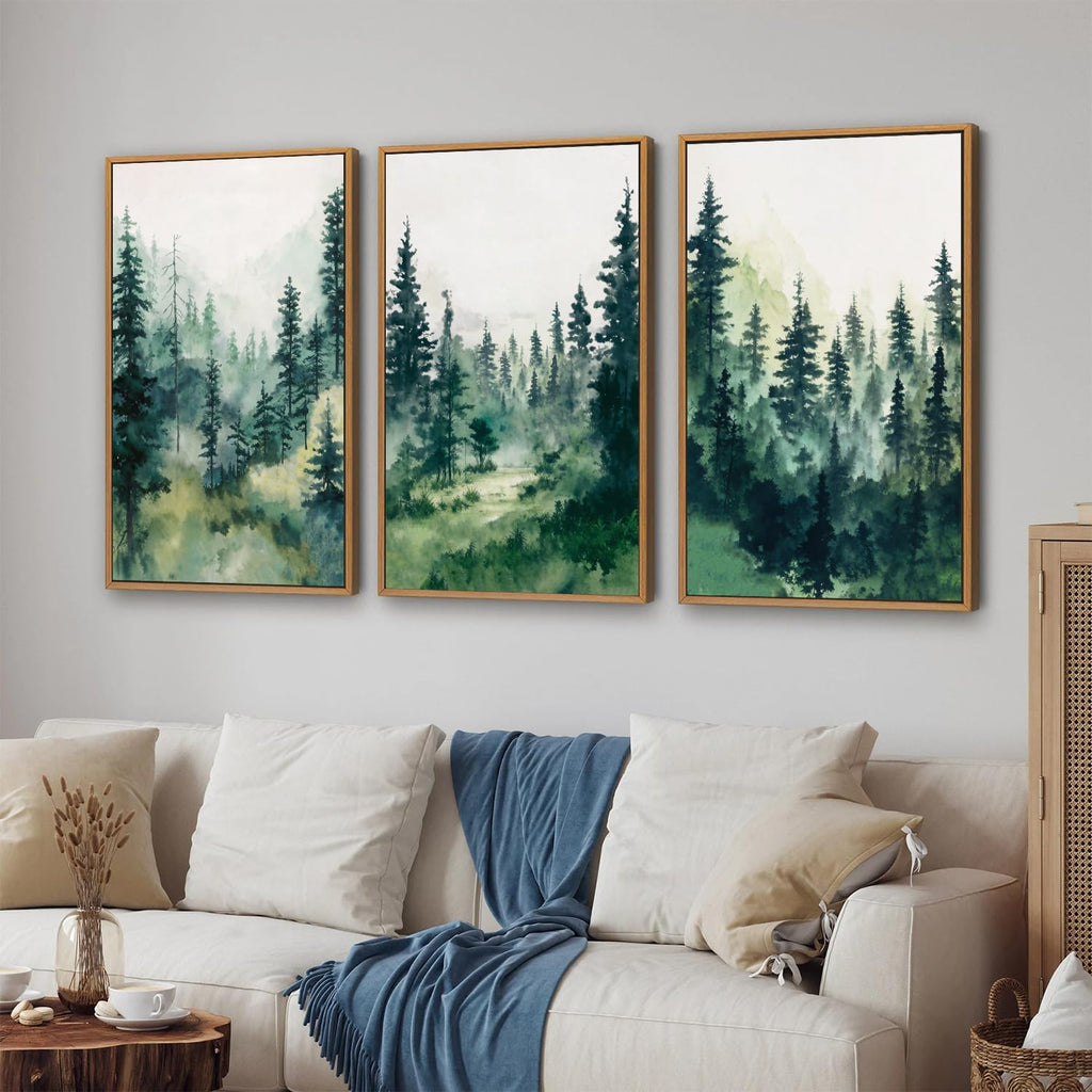 Watercolor Forest Framed Canvas Wall Art Set, Modern Pine Tree Wall Painting, Nature Foggy Landscape Wall Decor