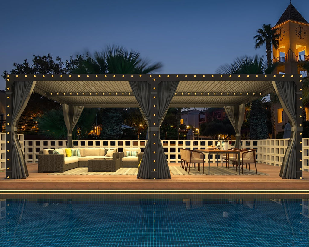 Louvered Pergola 12x24, Aluminum with Adjustable Roof, Outdoor with Waterproof Curtains and Nets, Dark Grey