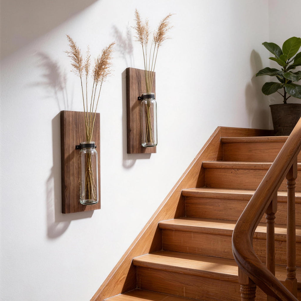 2 Pack Wood Glass Wall Sconces, Farmhouse Planters for Indoor Plants, Rustic Decor, Hanging Vase (Brown)