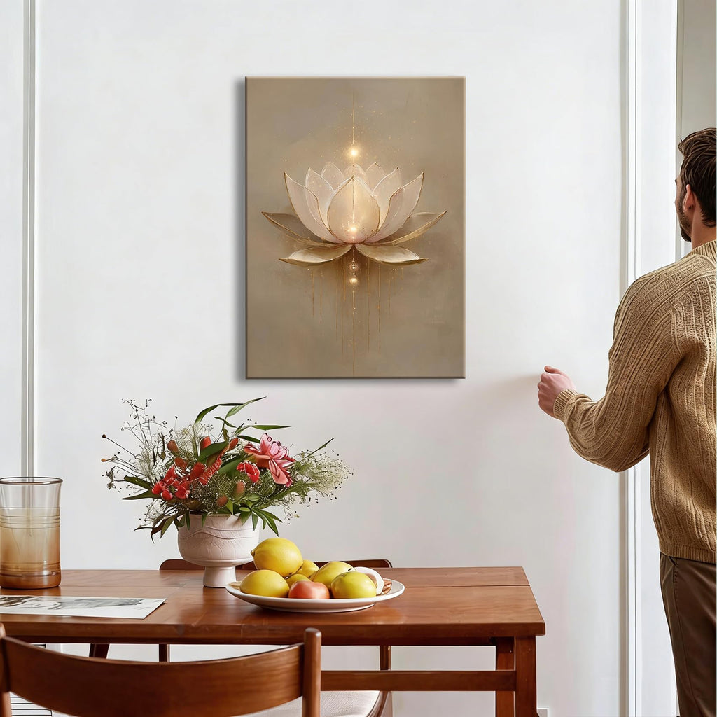 Framed Minimalist Gold Drip Lotus Canvas Wall Art, Soft Beige Floral Zen Canvas Prints Pictures, tranquil wall decor