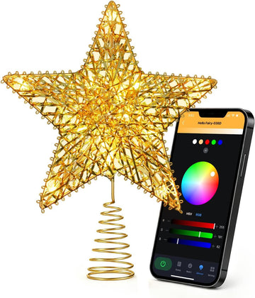 Smart Gold Christmas Tree Topper Star, 9.1" Wide x 11.8" Overall Height RGB LED 3D Metal