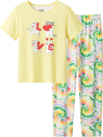 Big Girls Pajamas 2PCS Set Soft Cartoon Short Sleeve with Tie Dye Pants Sleepwear Teens PJS Clothes
