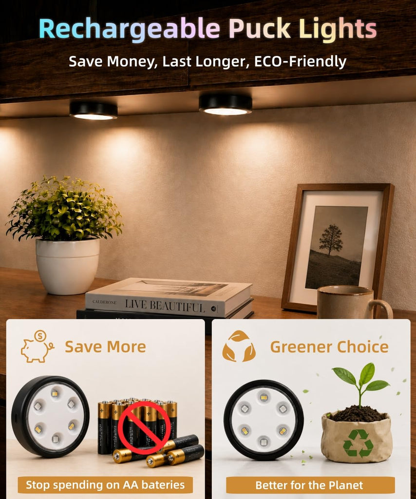 Puck Lights with Remote, 2000mAh Battery Operated Rechargeable Under Cabinet Lighting, 3 Color Temps & 7 RGB Colors