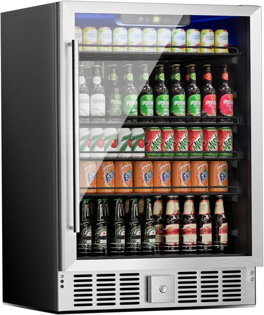 24 inch Beverage Refrigerator Cooler, 5.3 Cubic/166 Can Large Fridge with Glass 